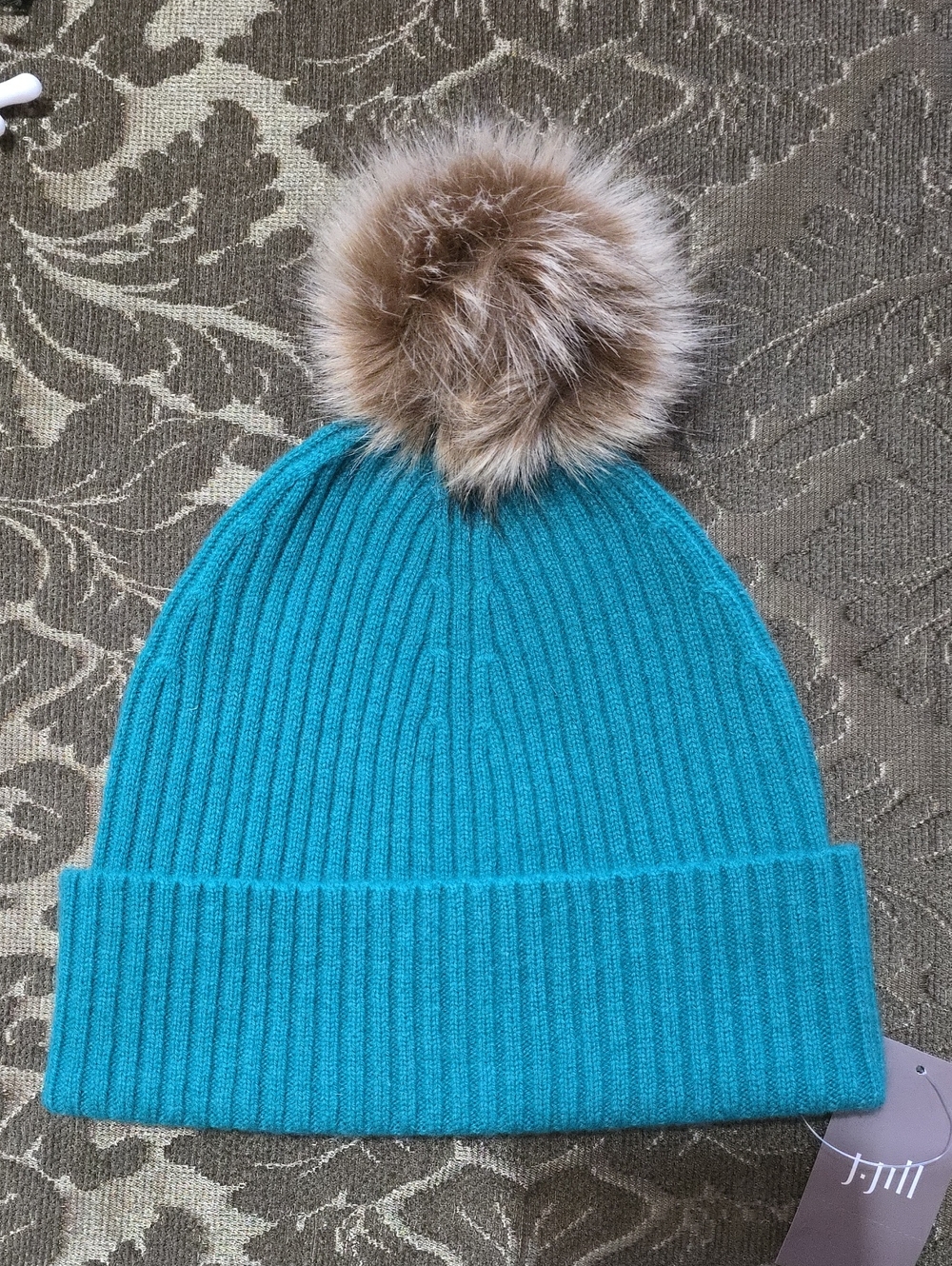 J. Jill Cashmere Teal Knit Beanie with Faux Fur Pom